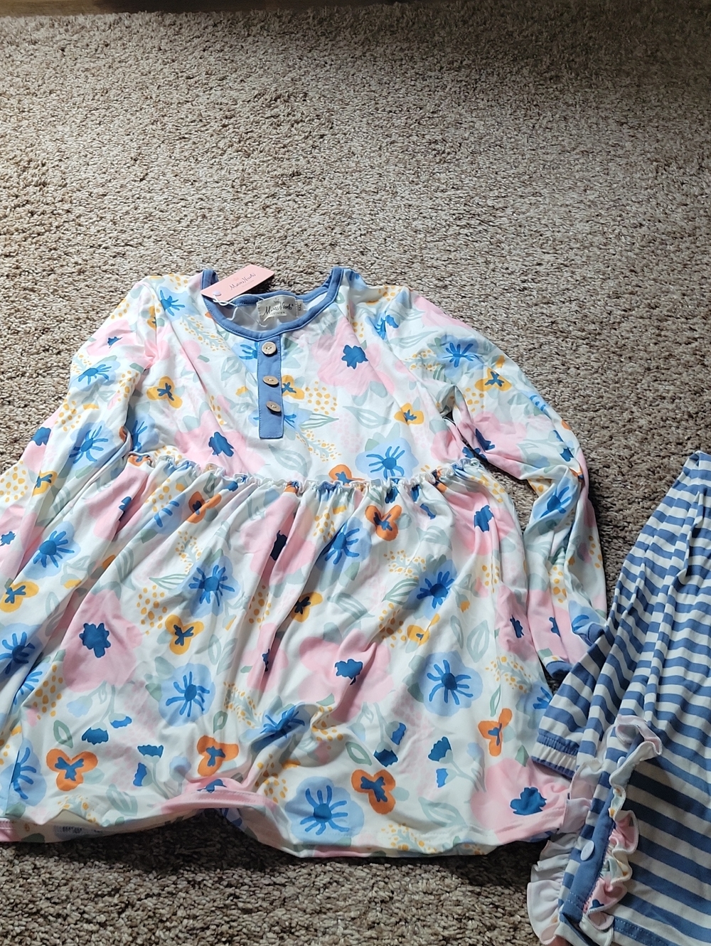 Kids Floral Long-Sleeve Pajama Dress - Pink & Blue